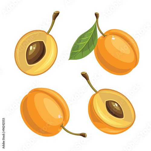 Ripe apricot and apricot slices on a white background.