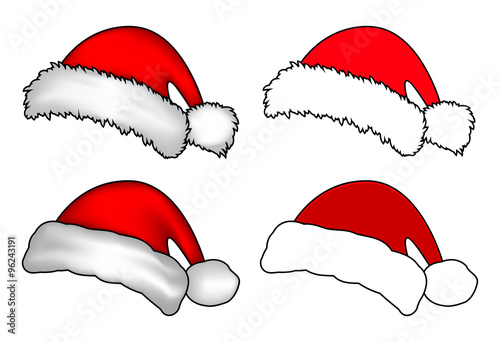 Santa hat, Christmas cap icon set, symbol, design. Winter vector illustration isolated on white background.