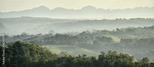 Peaceful view of Vinales valley at sunrise. Aerial View of the Vinales Valley in Cuba. Morning twilight and fog. Fog at dawn in the Valley of Vinales in Pinar del Rio, famous for tobacco plantations