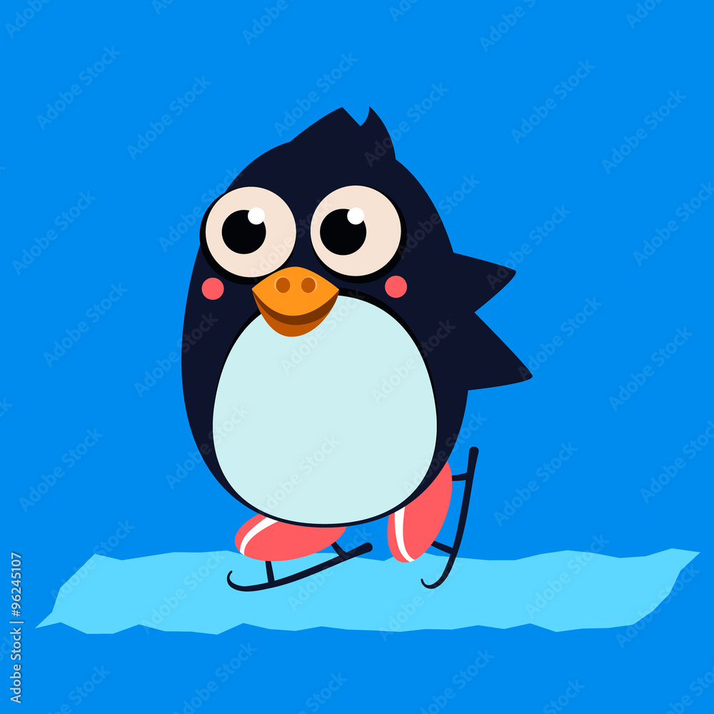 Naklejka premium Penguin Skating on Ice. Vector Illustartion