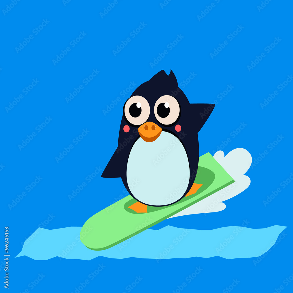 Naklejka premium Penguin Surfing. Vector Illustartion