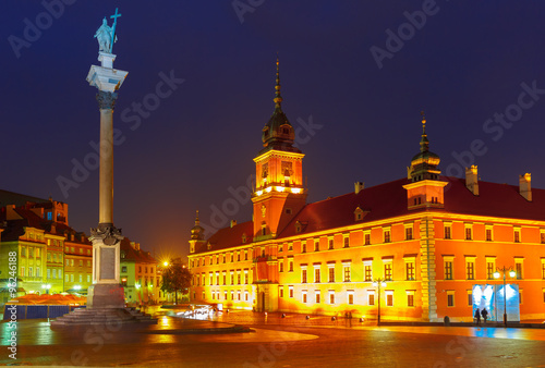 Castle Square at night in Warsaw, Poland.