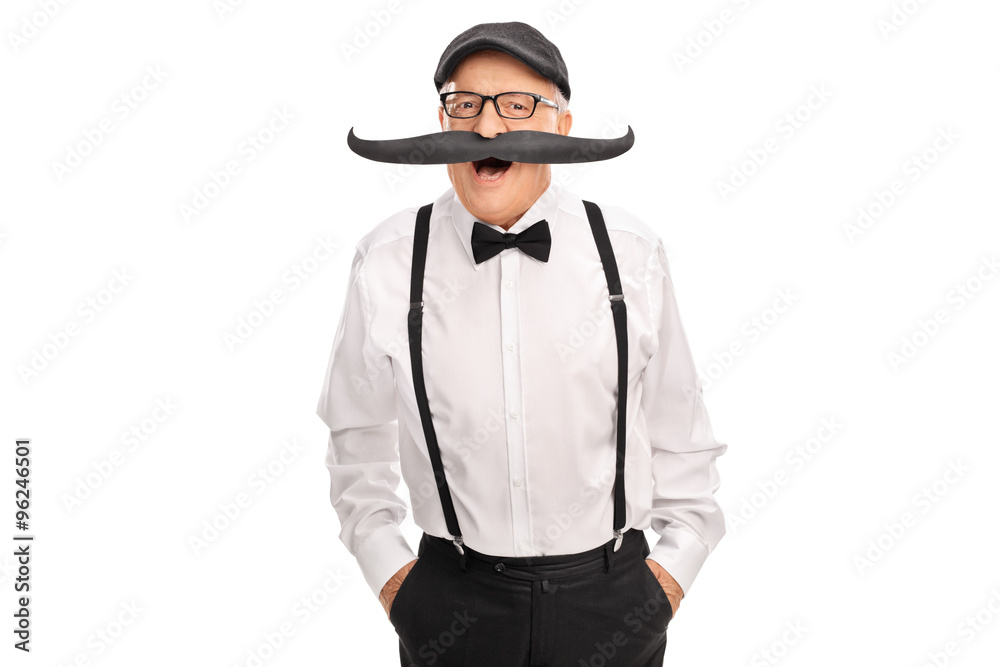 Joyful senior gentleman with a fake moustache Joyful senior gentleman with a fake moustache