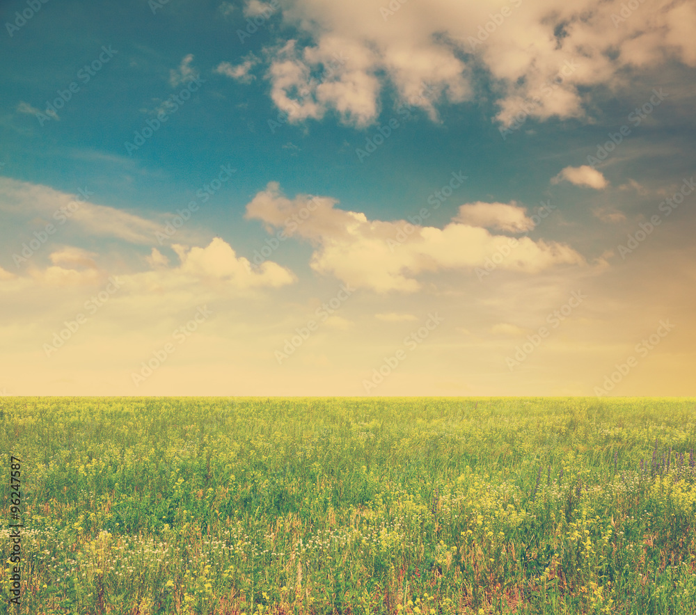 sky and green fields, retro filtered, instagram style