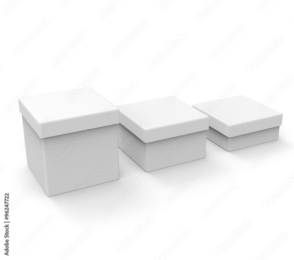 Three different size white boxes, square shape Three different size white boxes, square shape