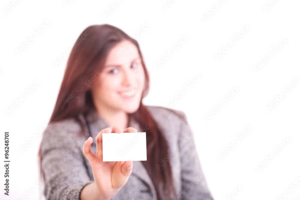 Confident Businesswoman showing business card Confident Businesswoman showing business card