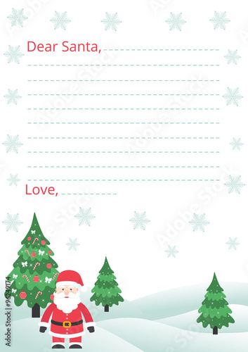 letter to santa with santa claus and fir tree 
