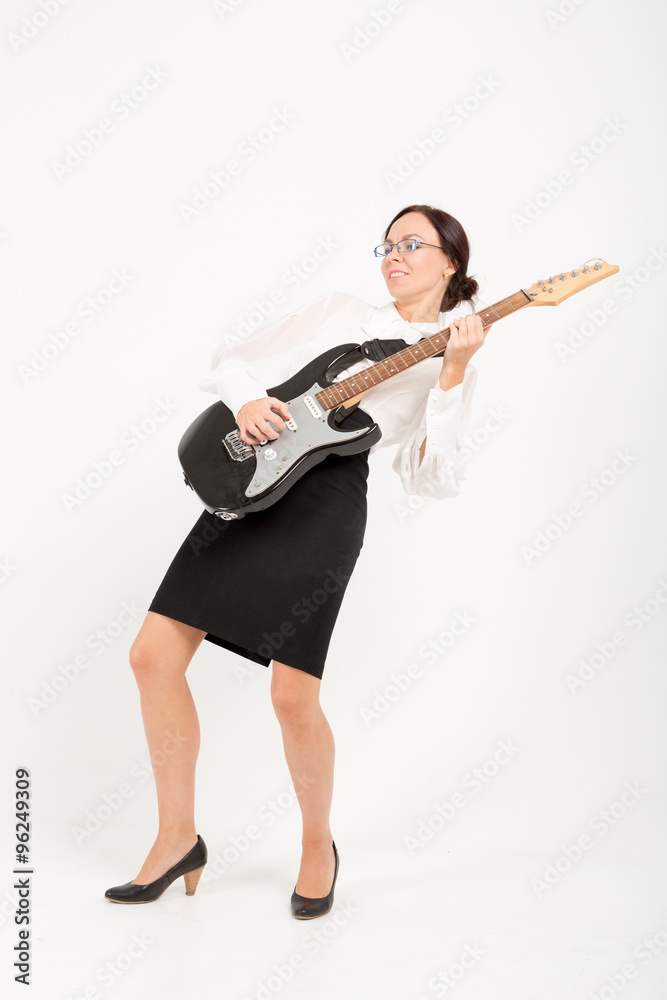 office woman playing on guitar office woman playing on guitar