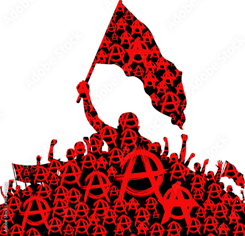 silhouettes demonstrators with sign of anarchy