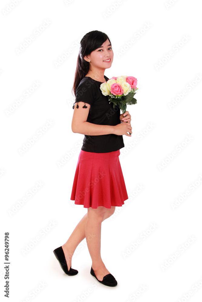 Asian bridesmaid girl walking, full length over white Asian bridesmaid girl walking, full length over white