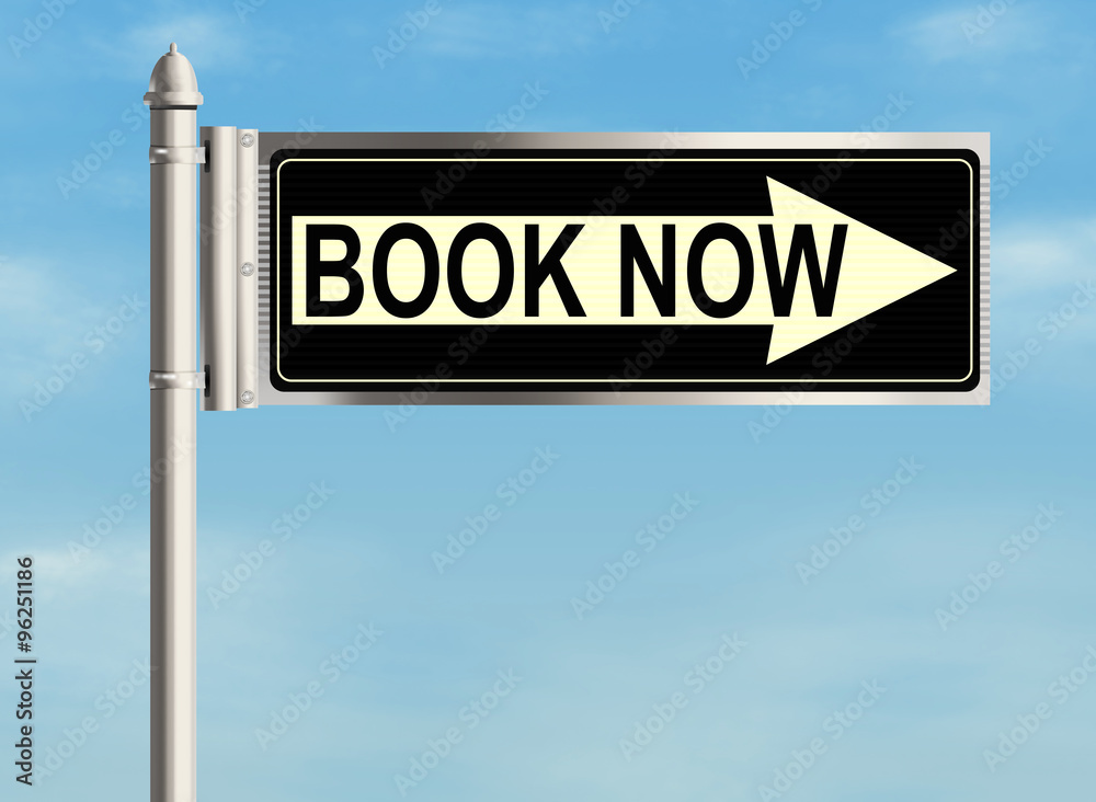 Book now. Road sign on the sky background. Raster illustration. Book now. Road sign on the sky background. Raster illustration.