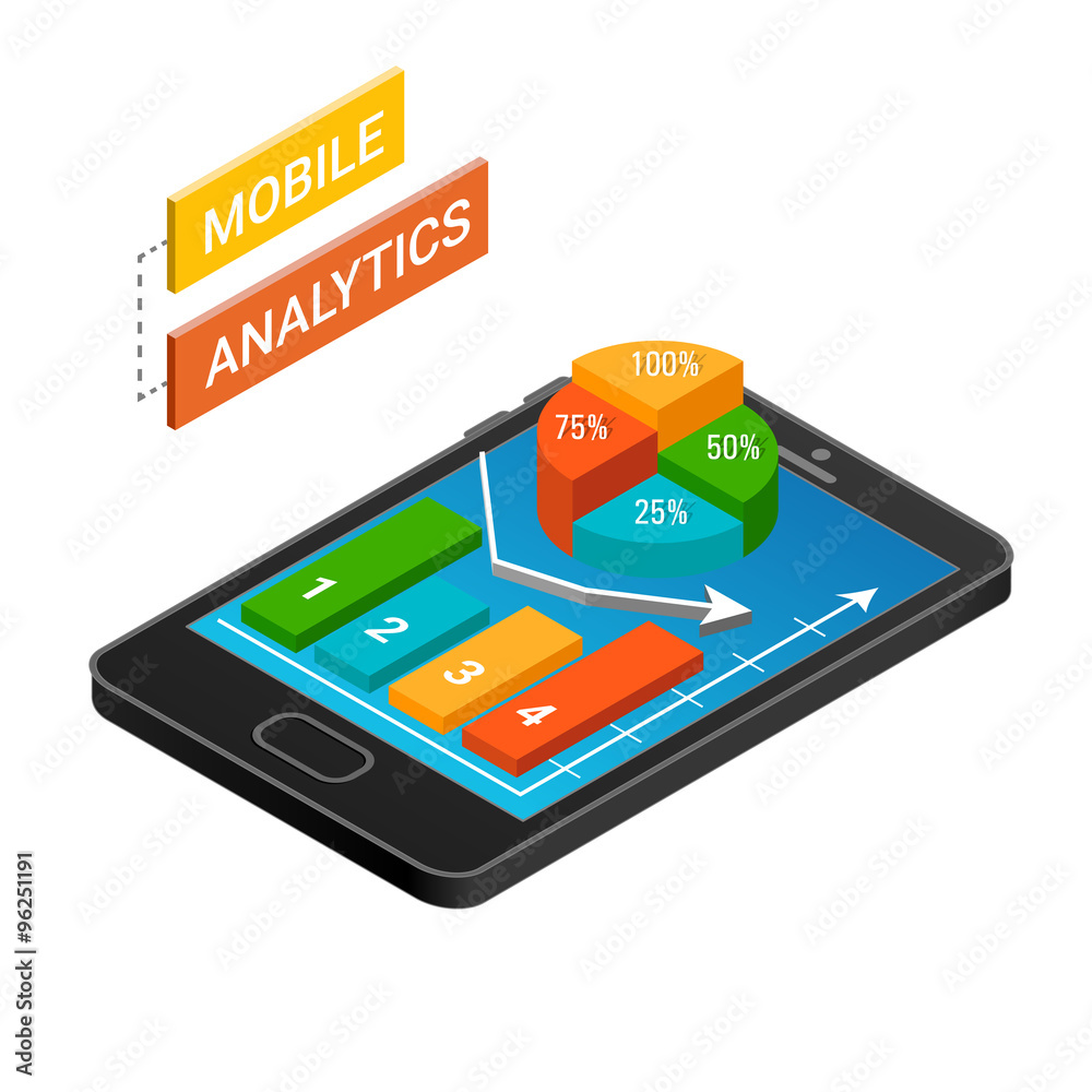 Isometric smartphone with graphs. Mobile analytics concept.