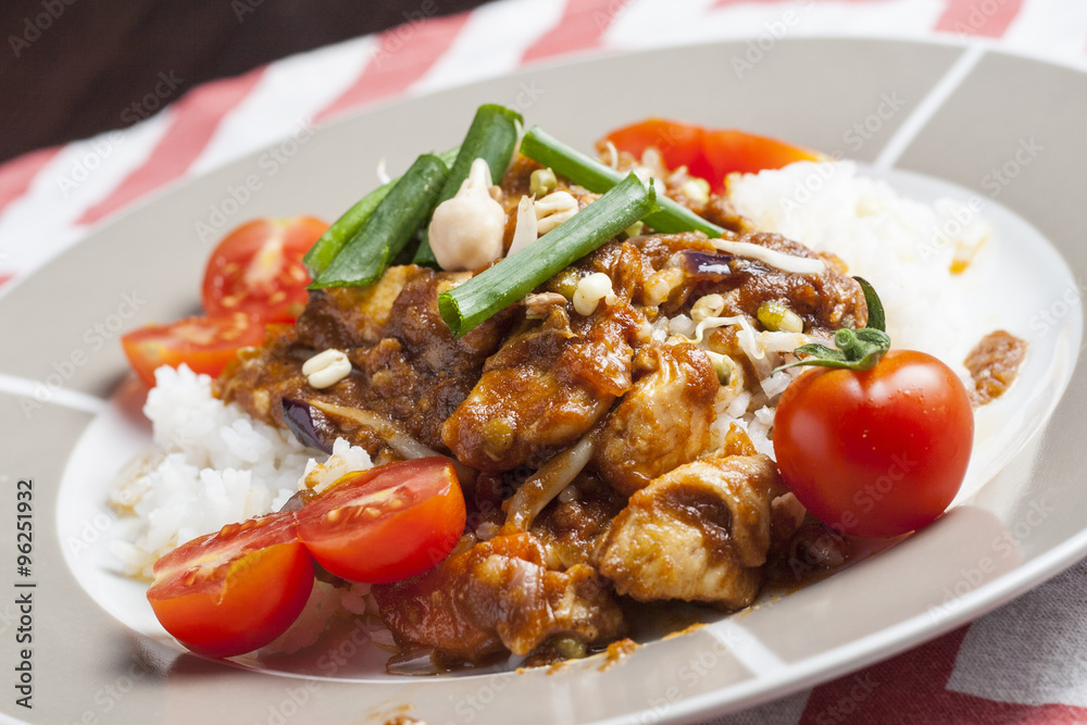 Szechuan chicken with white rice on a plate