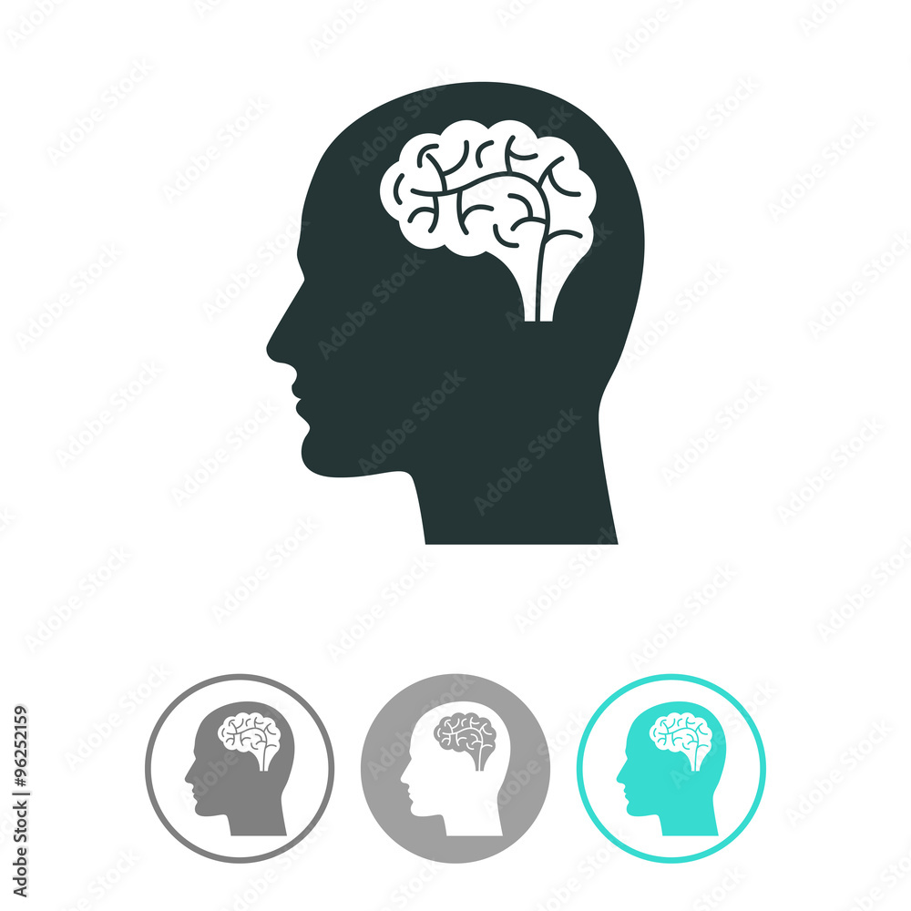 Head with brain vector icon. Male human head think symbol.