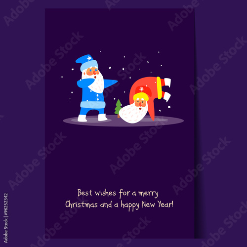 Two Dancing Santas. Christmas Vector Illustration in Flat