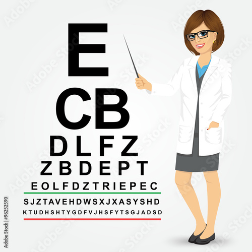 female optician pointing to snellen chart