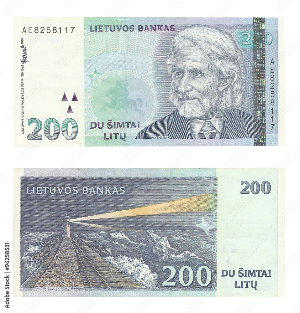 200 litas banknote front and back side isolated. Litas was official  Lithuania currency, replaced by euro January 1, 2015 Stock Photo | Adobe  Stock
