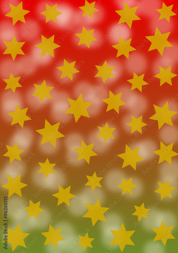 Goldene Sterne auf einem Hintergrund mit rot grünem Farbverlauf und verschwommenem Schneefall im Hochformat Goldene Sterne auf einem Hintergrund mit rot grünem Farbverlauf und verschwommenem Schneefall im Hochformat