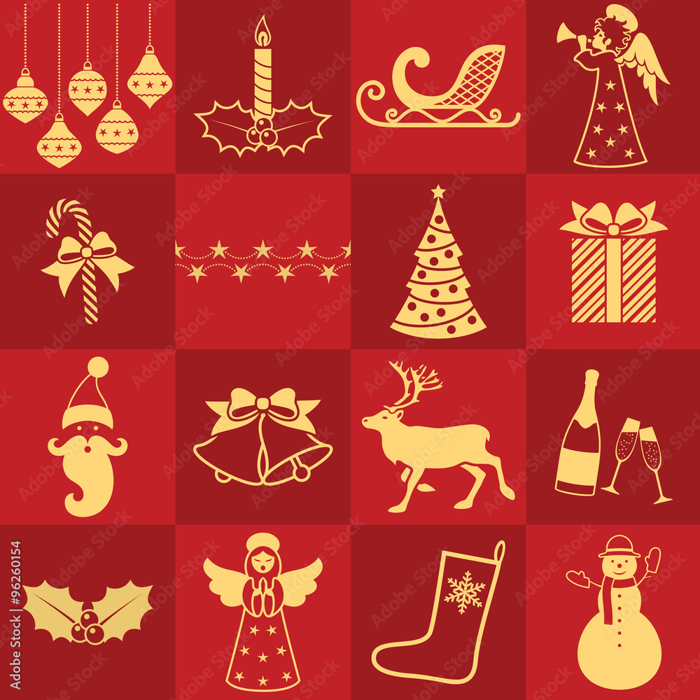 Christmas symbols collection on red background