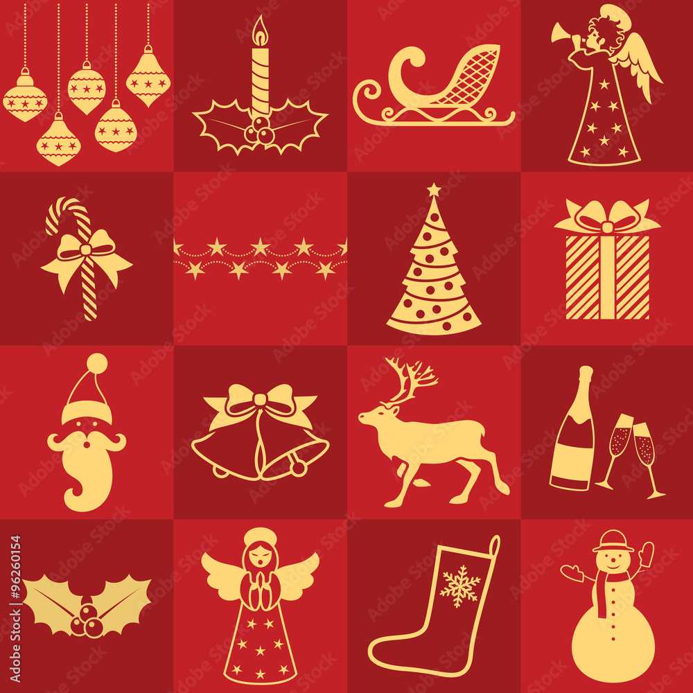 Christmas symbols collection on red background Christmas symbols collection on red background