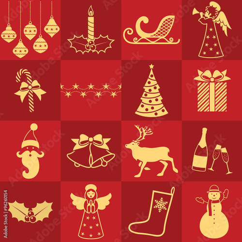 Christmas symbols collection on red background