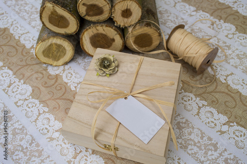 Gift box in style for the holidays with an empty white card for possible customization 