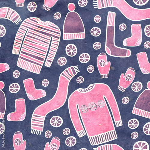 Warm clothes. hats, scarves, socks, boots, mittens, sweater