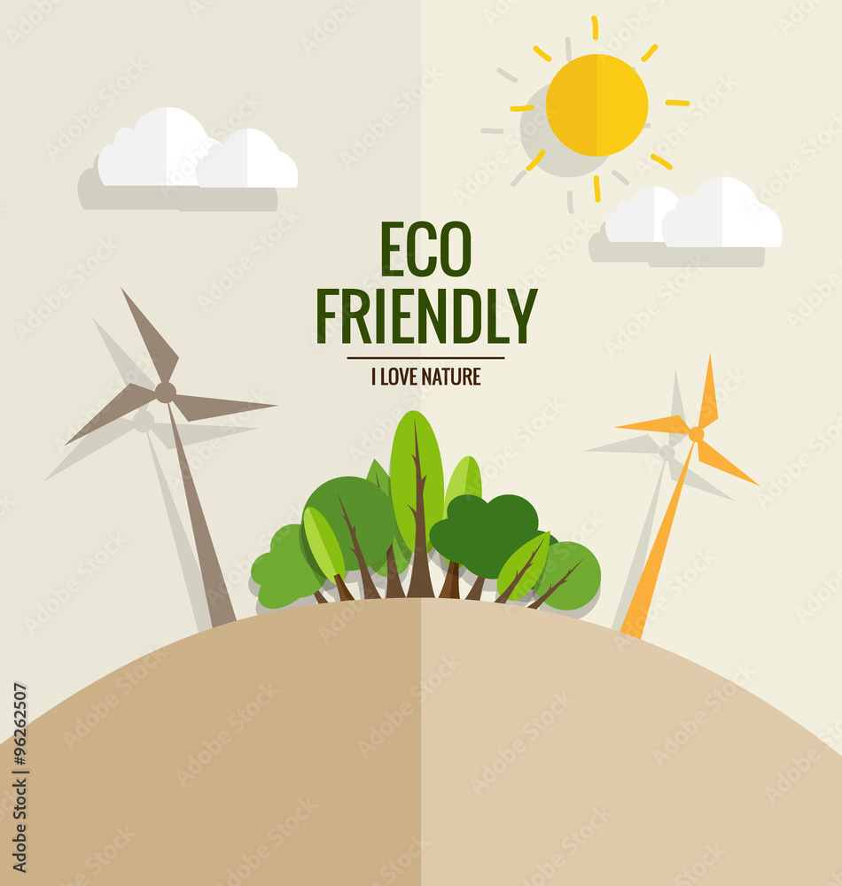 ECO FRIENDLY. Ecology concept with tree background. Vector illus
