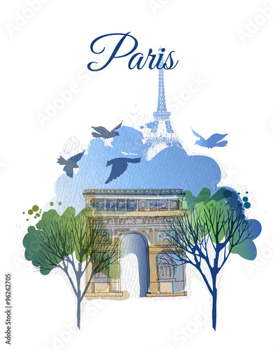 Arc de Triomph. Watercolor vector background of Paris