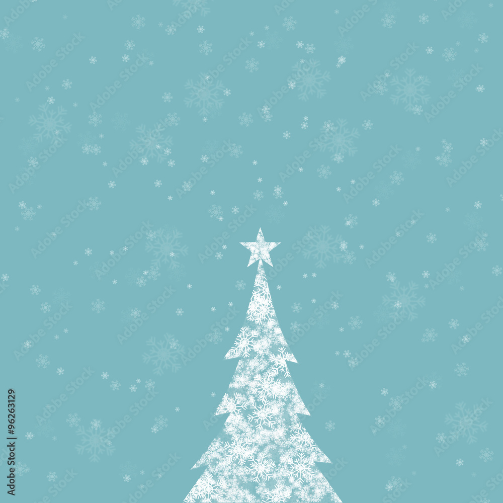 Magic snowflake Christmas tree with star shape and beautiful bright and shiny cyan blue color background with blurry snowflakes. Christmas Holiday illustration copy space background.