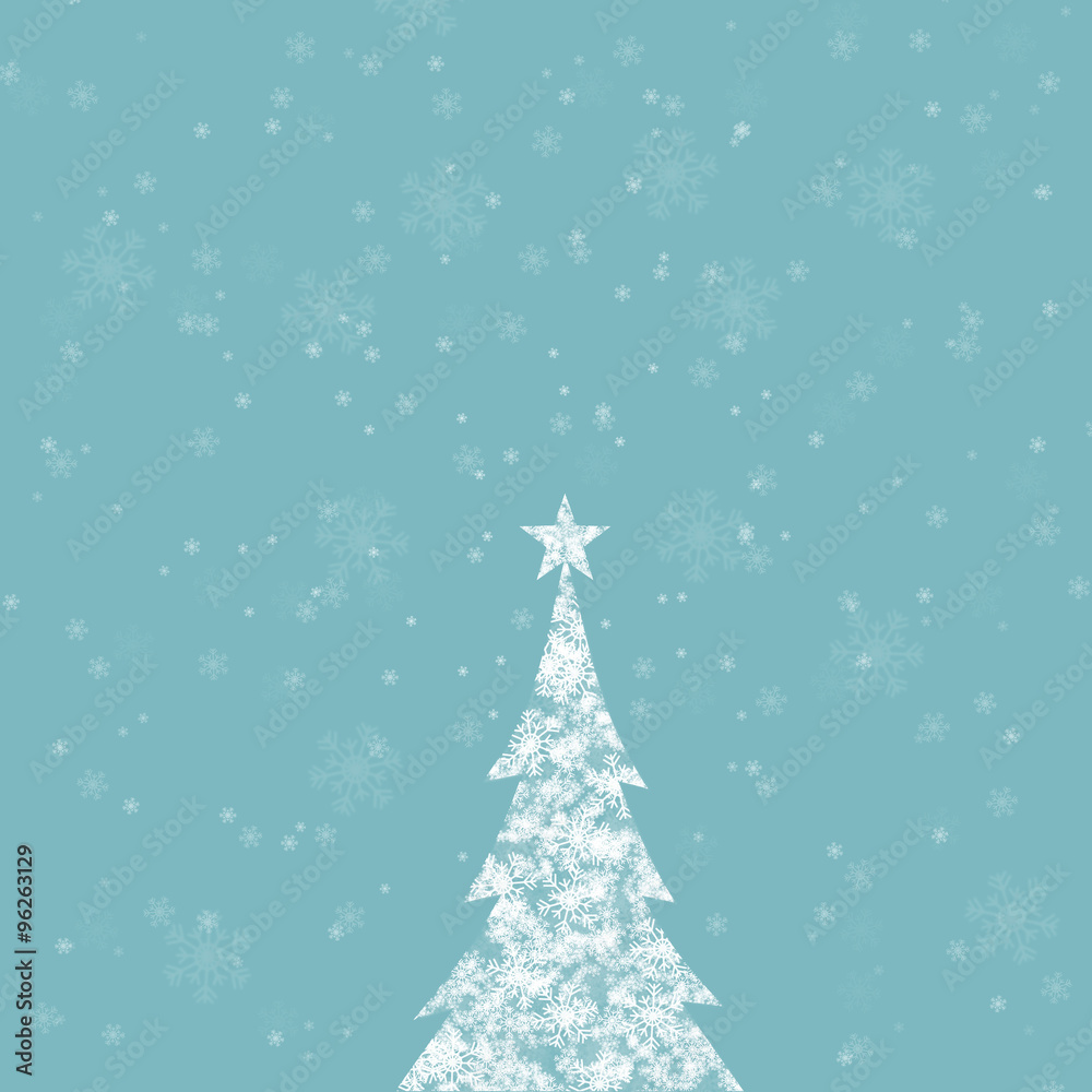 Magic snowflake Christmas tree with star shape and beautiful bright and shiny cyan blue color background with blurry snowflakes. Christmas Holiday illustration copy space background. Magic snowflake Christmas tree with star shape and beautiful bright and shiny cyan blue color background with blurry snowflakes. Christmas Holiday illustration copy space background.