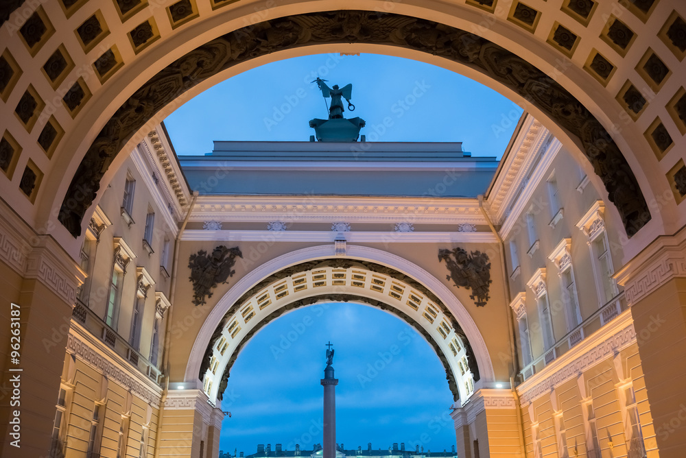 St. Petersburg. Evening. View of the Alexander Column through the arch of the General Staff.