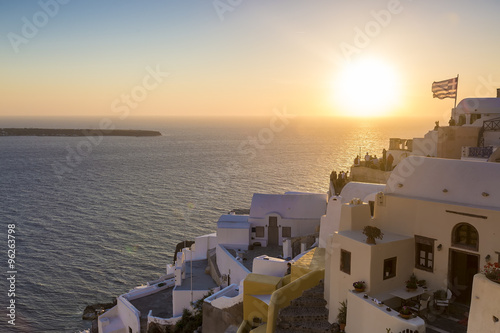 View of Oia traditional white houses and old castle of Oia, Sant