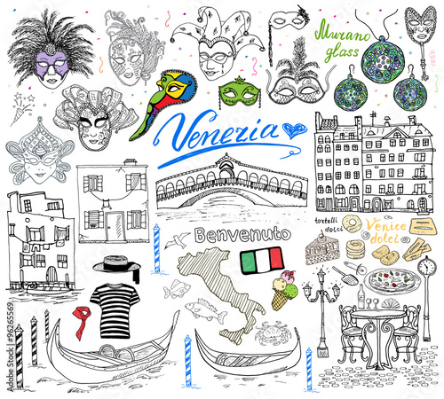 Venice Italy sketch elements. Hand drawn set with flag, map, gondolas gondolier clouth , houses, pizza, traditional sweets, carnival venetian masks, market bridge. Drawing doodle collection isolated