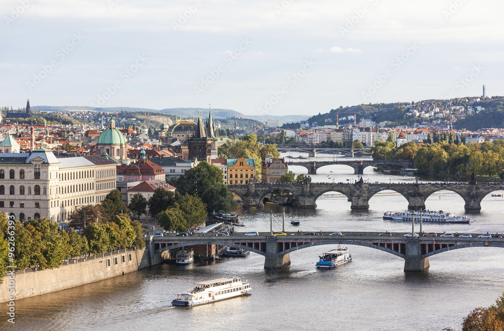 View of the Vltava River and bridges at sunset. Prague. Czech Republic.