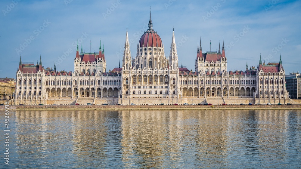 The parliament of Budapest reflecting in the Danube river