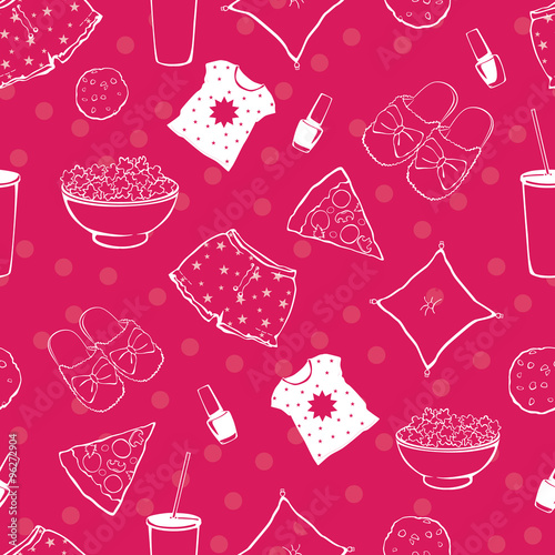 Vector Hot Pink Pajama Party Food Objects Seamless Pattern. Pizza. Popcorn. Sleepover. Slumber. Treat