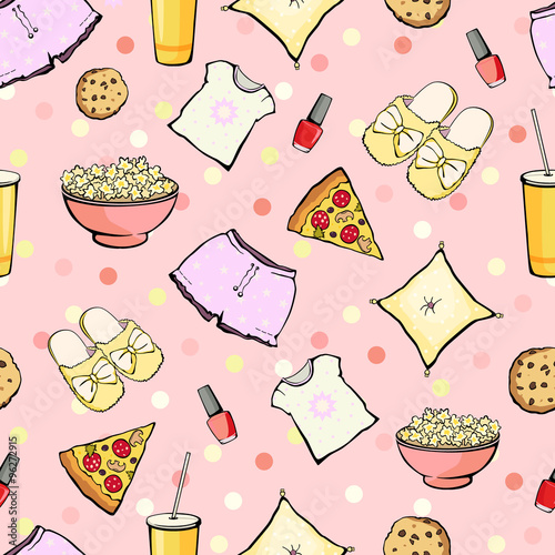 Vector Cute Sleepover Party Food Objects Seamless Pattern. Pizza. Popcorn. Pajamas. Treat