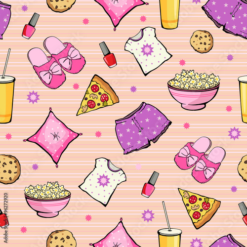 Vector Pink Slumber Party Food Objects Seamless Pattern. Pizza. Popcorn. Pajamas. Treat