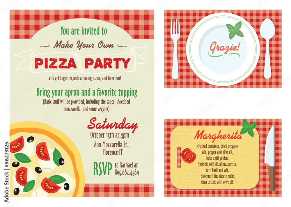 Vector Make Your Own Pizza Party Invitation Set. Recipe Card. Grazie Thank You
