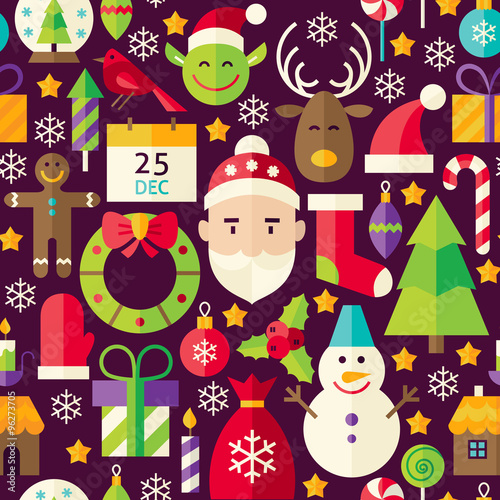 Merry Christmas Vector Flat Design Brown Seamless Pattern