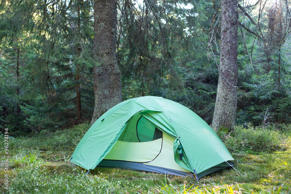 Green tent on mountain top, Retezat mountains, Romania