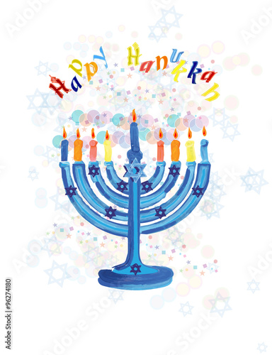 Happy Hanukkah holiday illustration in Israel national colors and colorful menorah