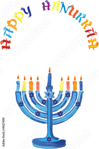 Happy Hanukkah holiday illustration in Israel national colors with colorful menorah