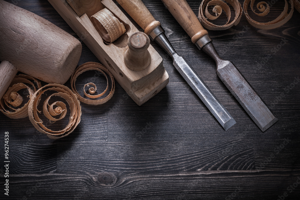 Shaving plane wooden shavings hammer flat chisels construction c
