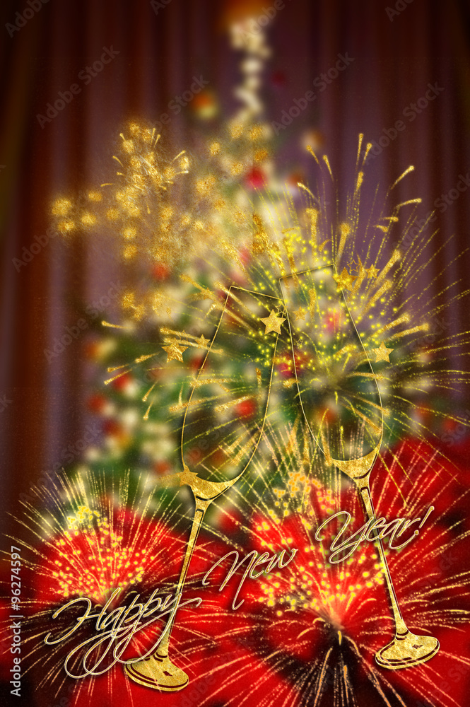 Happy New Year abstract blur background with decorated and lit Christmas tree Happy New Year abstract blur background with decorated and lit Christmas tree