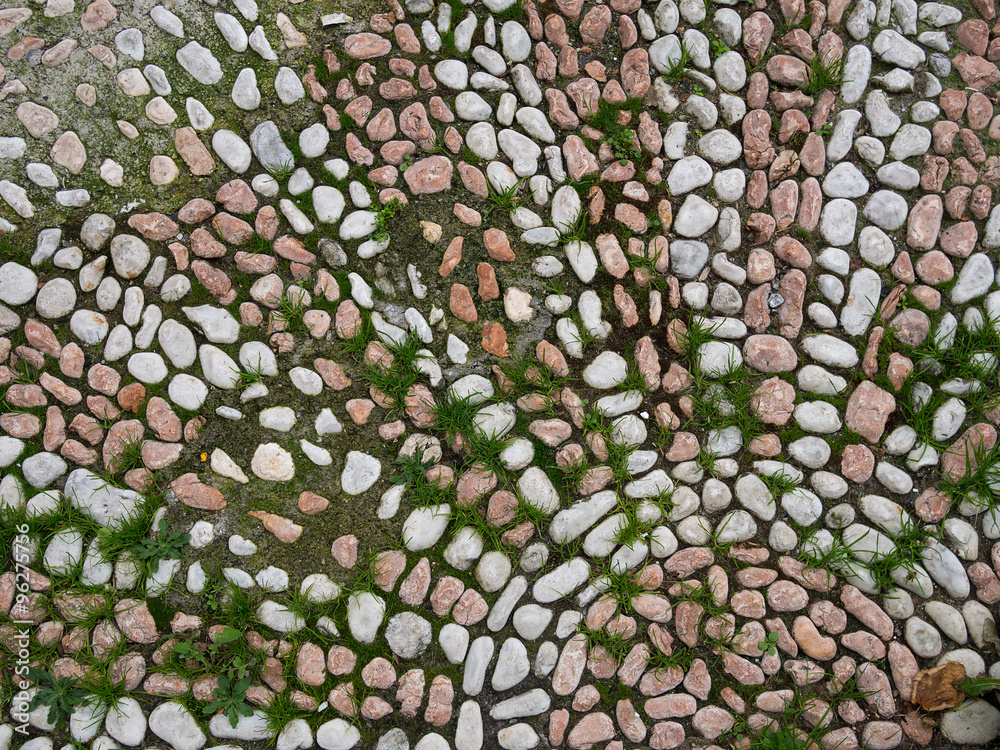 Pink and white cobbled flooring mosaic with pattern, overgrown with grass Pink and white cobbled flooring mosaic with pattern, overgrown with grass