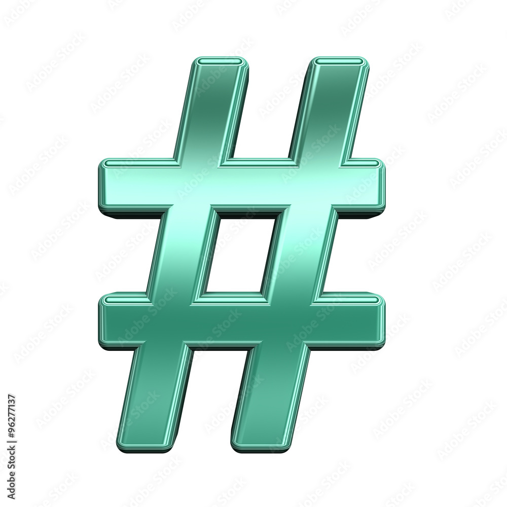 Fototapeta premium Number mark from shiny turquoise alphabet set, isolated on white. Computer generated 3D photo rendering.