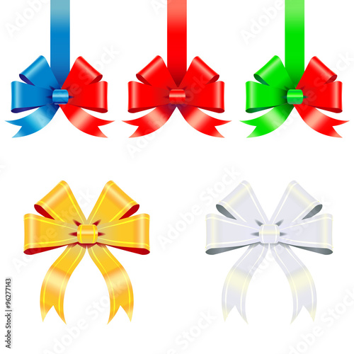 Hand drawn vector illustration of a red, blue, green, silver and gold ribbon tied into a bow on white background