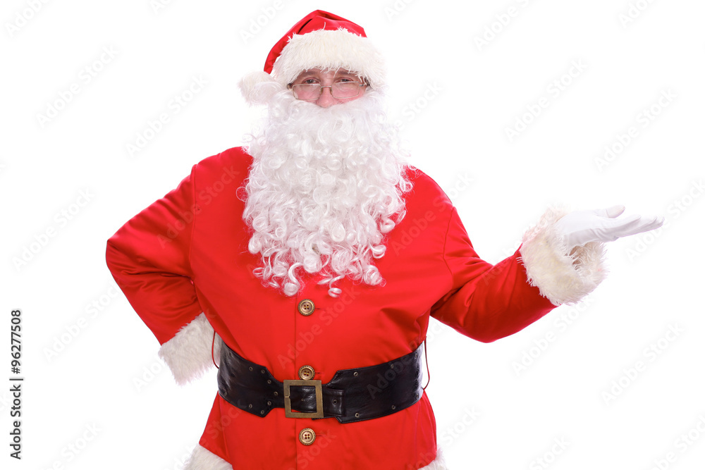 Kind Santa Claus pointing in white blank sign, isolated on white background Kind Santa Claus pointing in white blank sign, isolated on white background